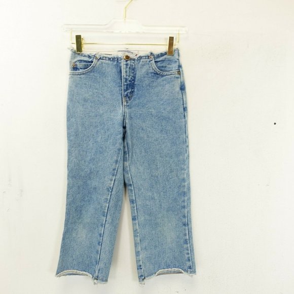 RAVE GIRL Girls Light Blue Washed Denim Jeans 8 Straight Cut Raw Hem Mid Rise - Picture 1 of 12